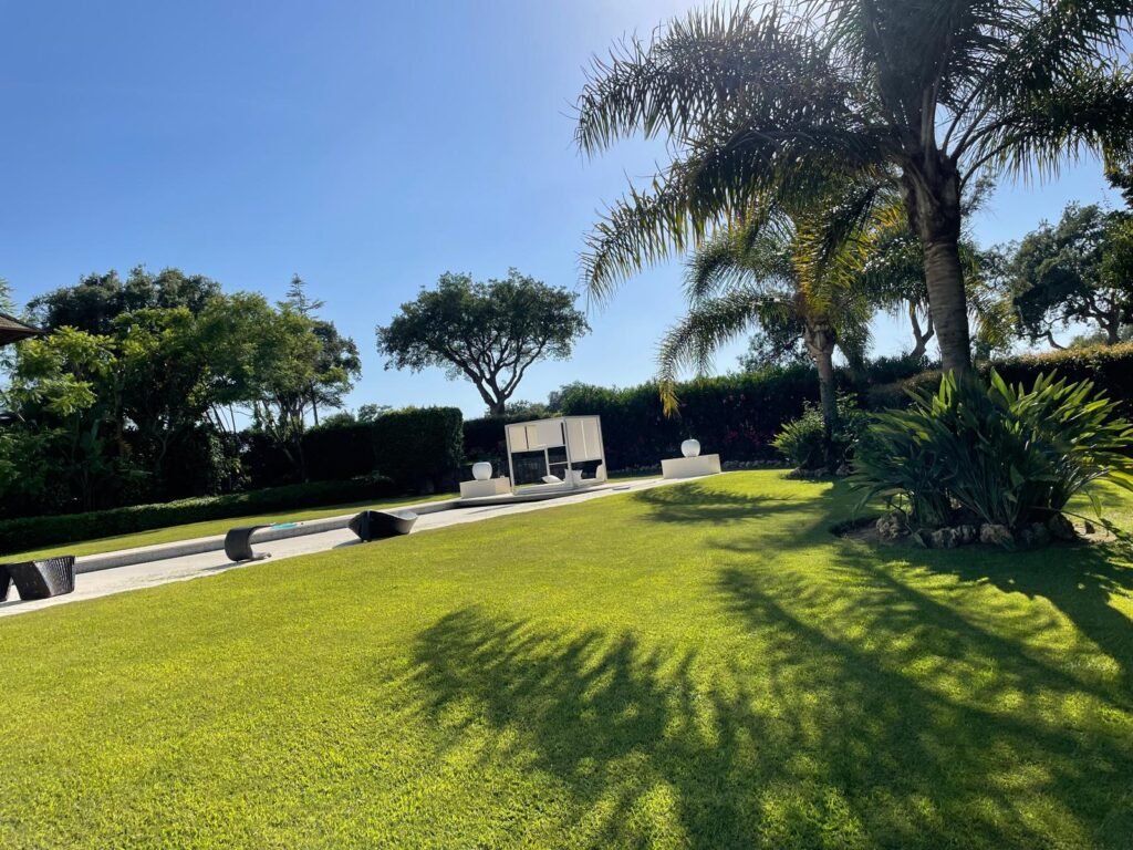 Jardín amplio con césped bien cuidado, varias palmeras y árboles al fondo. Se observan macetas y arbustos cerca de un área pavimentada con asientos modernos, y un cielo despejado.