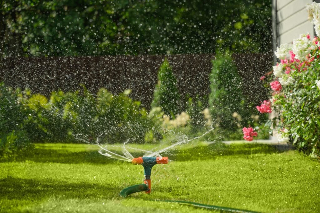 Rociador de césped en funcionamiento, lanzando chorros de agua sobre un jardín verde. Al fondo, se ven arbustos y flores rosadas y blancas junto a un muro lateral de la casa.